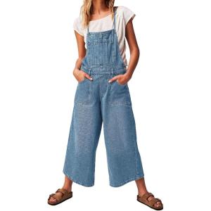 imageCHARTOU Women Wide Leg Back Tie Denim Bib Overall Jumpsuit Y2k Baggy Cropped Cargo Jeans Pants with PocketsBlue