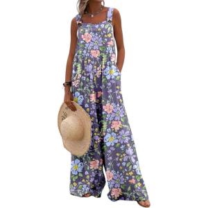imageCHARTOU Women Wide Leg Jumpsuit Floral Sleeveless Romper Hippie Pants Boho Summer Flowy Jumpsuit Cargo Overall PocketFloral 6