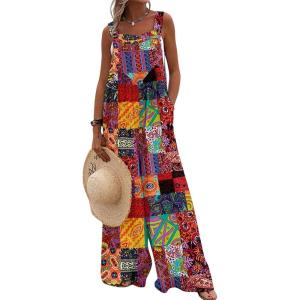 imageCHARTOU Women Wide Leg Jumpsuit Floral Sleeveless Romper Hippie Pants Boho Summer Flowy Jumpsuit Cargo Overall PocketFloral 7