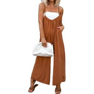 imageCHARTOU Women Wide Leg Jumpsuit One Piece Loose Spaghetti Straps Sleeveless Jumpsuits Flowy Pants Summer romperDark Khaki