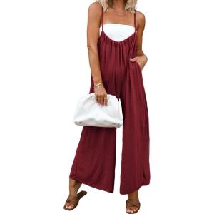 imageCHARTOU Women Wide Leg Jumpsuit One Piece Loose Spaghetti Straps Sleeveless Jumpsuits Flowy Pants Summer romperRed