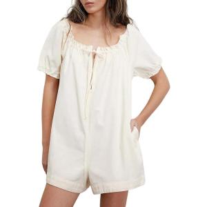 imageCHARTOU Womens Babydoll Denim Romper Jumpsuits Short Puff Sleeve Drawstring Jean Overalls ShortsWhite