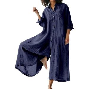 imageCHARTOU Womens Baggy Jumpsuit Half Button Coverall Long Sleeve WideLeg Crop Pants OverallBlue