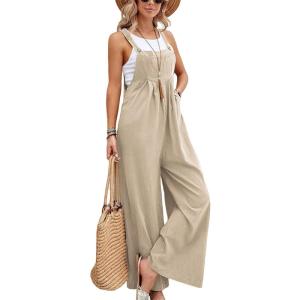 imageCHARTOU Womens Bib Overalls Sleeveless Loose Wide Leg Jumpsuits Rompers with PocketsLight Khaki