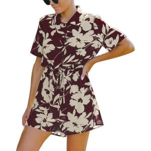 imageCHARTOU Womens Lightweight Floral Print WideLeg Beach Shorts Romper Overalls JumpsuitWine Red