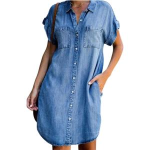 imageCHARTOU Womens Loose Distressed Button Down Roll Up Short Sleeve Denim Blouse Shirt DressBlue