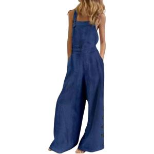 imageCHARTOU Womens Loose Strap Sleeveless Wide Leg Jumpsuit Bib Overalls Pocket Button One Piece OutfitsDark Blue