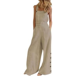 imageCHARTOU Womens Loose Strap Sleeveless Wide Leg Jumpsuit Bib Overalls Pocket Button One Piece OutfitsKhaki