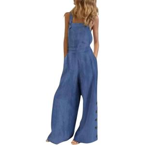 imageCHARTOU Womens Loose Strap Sleeveless Wide Leg Jumpsuit Bib Overalls Pocket Button One Piece OutfitsLight Blue