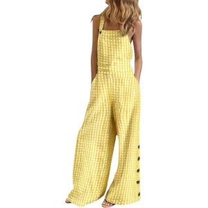 imageCHARTOU Womens Loose Strap Sleeveless Wide Leg Jumpsuit Bib Overalls Pocket Button One Piece OutfitsPlaid2