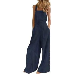 imageCHARTOU Womens Loose Strap Sleeveless Wide Leg Jumpsuit Bib Overalls Pocket Button One Piece OutfitsRoyal Blue