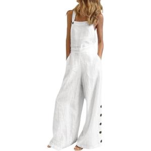 imageCHARTOU Womens Loose Strap Sleeveless Wide Leg Jumpsuit Bib Overalls Pocket Button One Piece OutfitsWhite