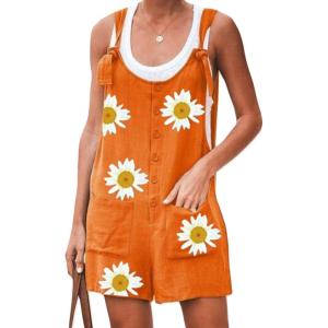 imageCHARTOU Womens Loose Straps Shorts Romper Printed Suspender Bib Overalls JumpsuitOrange2