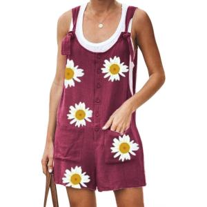 imageCHARTOU Womens Loose Straps Shorts Romper Printed Suspender Bib Overalls JumpsuitWine Red2