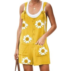 imageCHARTOU Womens Loose Straps Shorts Romper Printed Suspender Bib Overalls JumpsuitYellow2
