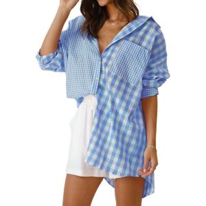 imageCHARTOU Womens Oversized Button Down Shirt Boyfriend Style Contrast Plaid Blouse TopsBlue