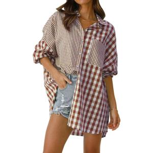 imageCHARTOU Womens Oversized Button Down Shirt Boyfriend Style Contrast Plaid Blouse TopsCoffee