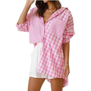 imageCHARTOU Womens Oversized Button Down Shirt Boyfriend Style Contrast Plaid Blouse TopsPink