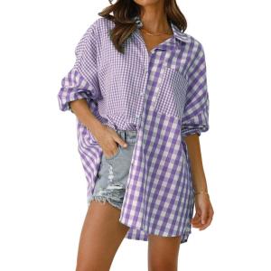 imageCHARTOU Womens Oversized Button Down Shirt Boyfriend Style Contrast Plaid Blouse TopsPurple