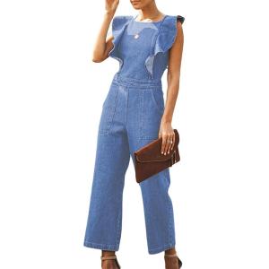 imageCHARTOU Womens Sexy Backless Ruffle Tie Back Denim Jean Jumpsuit Wide Leg RomperBlue