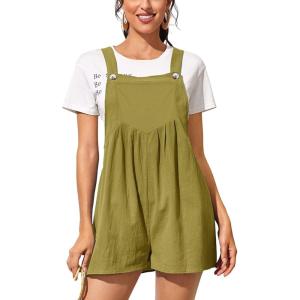 imageCHARTOU Womens Summer Casual Short Overall Cotton Linen Romper Shortalls Jumpsuit ShortsGreen