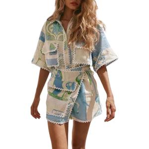 imageCHARTOU Womens Summer Floral 2 Piece Sets Wrap Drawstring Mini Skirt Sets Outfits Button Down Lapel ShirtsBlue
