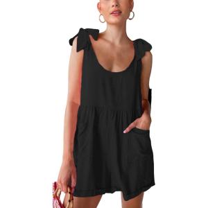 imageCHARTOU Womens Summer Lightweight Sleeveless Straps RollUp Tank Romper Jumpsuit Overall ShortsBlack