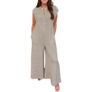 imageCHARTOU Womens Summer Loose Stripes Overalls Cap Sleeve One Piece Jumpsuit Buttons Wide Leg Pants RomperBlack