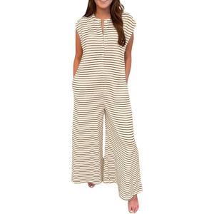 imageCHARTOU Womens Summer Loose Stripes Overalls Cap Sleeve One Piece Jumpsuit Buttons Wide Leg Pants RomperBrown