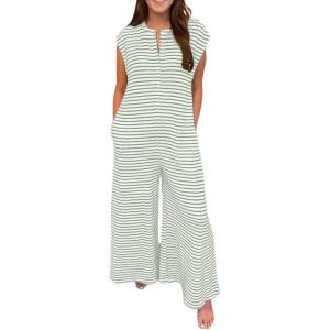 imageCHARTOU Womens Summer Loose Stripes Overalls Cap Sleeve One Piece Jumpsuit Buttons Wide Leg Pants RomperGreen