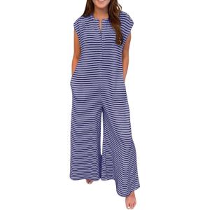 imageCHARTOU Womens Summer Loose Stripes Overalls Cap Sleeve One Piece Jumpsuit Buttons Wide Leg Pants RomperPurple