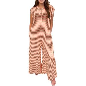 imageCHARTOU Womens Summer Loose Stripes Overalls Cap Sleeve One Piece Jumpsuit Buttons Wide Leg Pants RomperRed