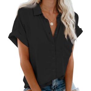 imageCHARTOU Womens Summer Spread Collar Short Sleeve Button Down Loose Fit Solid Blouse ShirtBlack