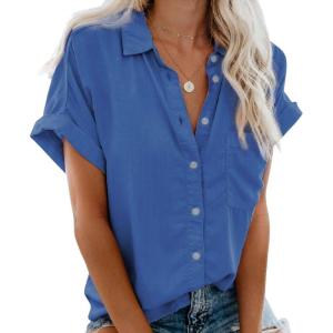 imageCHARTOU Womens Summer Spread Collar Short Sleeve Button Down Loose Fit Solid Blouse ShirtBlue
