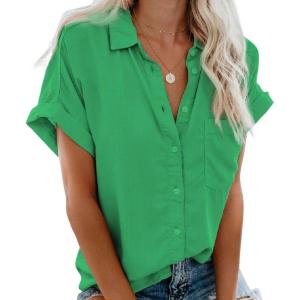 imageCHARTOU Womens Summer Spread Collar Short Sleeve Button Down Loose Fit Solid Blouse ShirtGreen