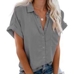 imageCHARTOU Womens Summer Spread Collar Short Sleeve Button Down Loose Fit Solid Blouse ShirtGrey