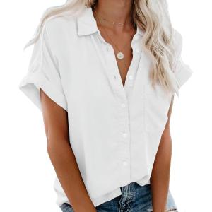 imageCHARTOU Womens Summer Spread Collar Short Sleeve Button Down Loose Fit Solid Blouse ShirtWhite