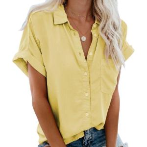 imageCHARTOU Womens Summer Spread Collar Short Sleeve Button Down Loose Fit Solid Blouse ShirtYellow