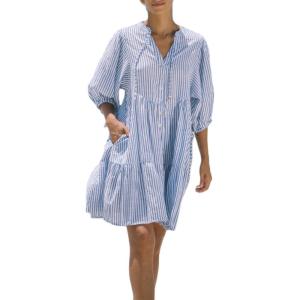 imageCHARTOU Womens V Neck Stripe Boho Beach Shirt Dress Midi Casual Tiered Floral Babydoll Tunic DressDark Blue