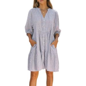 imageCHARTOU Womens V Neck Stripe Boho Beach Shirt Dress Midi Casual Tiered Floral Babydoll Tunic DressLight Blue