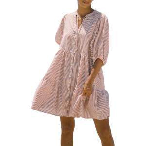imageCHARTOU Womens V Neck Stripe Boho Beach Shirt Dress Midi Casual Tiered Floral Babydoll Tunic DressPink