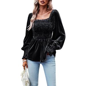 imageCHARTOU Womens Velvet Ruched Square Neck Long Sleeve Smocked Peplum Blouse Shirt TopsBlack