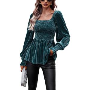 imageCHARTOU Womens Velvet Ruched Square Neck Long Sleeve Smocked Peplum Blouse Shirt TopsGreen