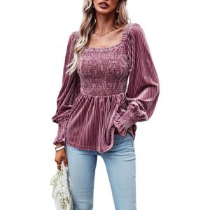 imageCHARTOU Womens Velvet Ruched Square Neck Long Sleeve Smocked Peplum Blouse Shirt TopsPink