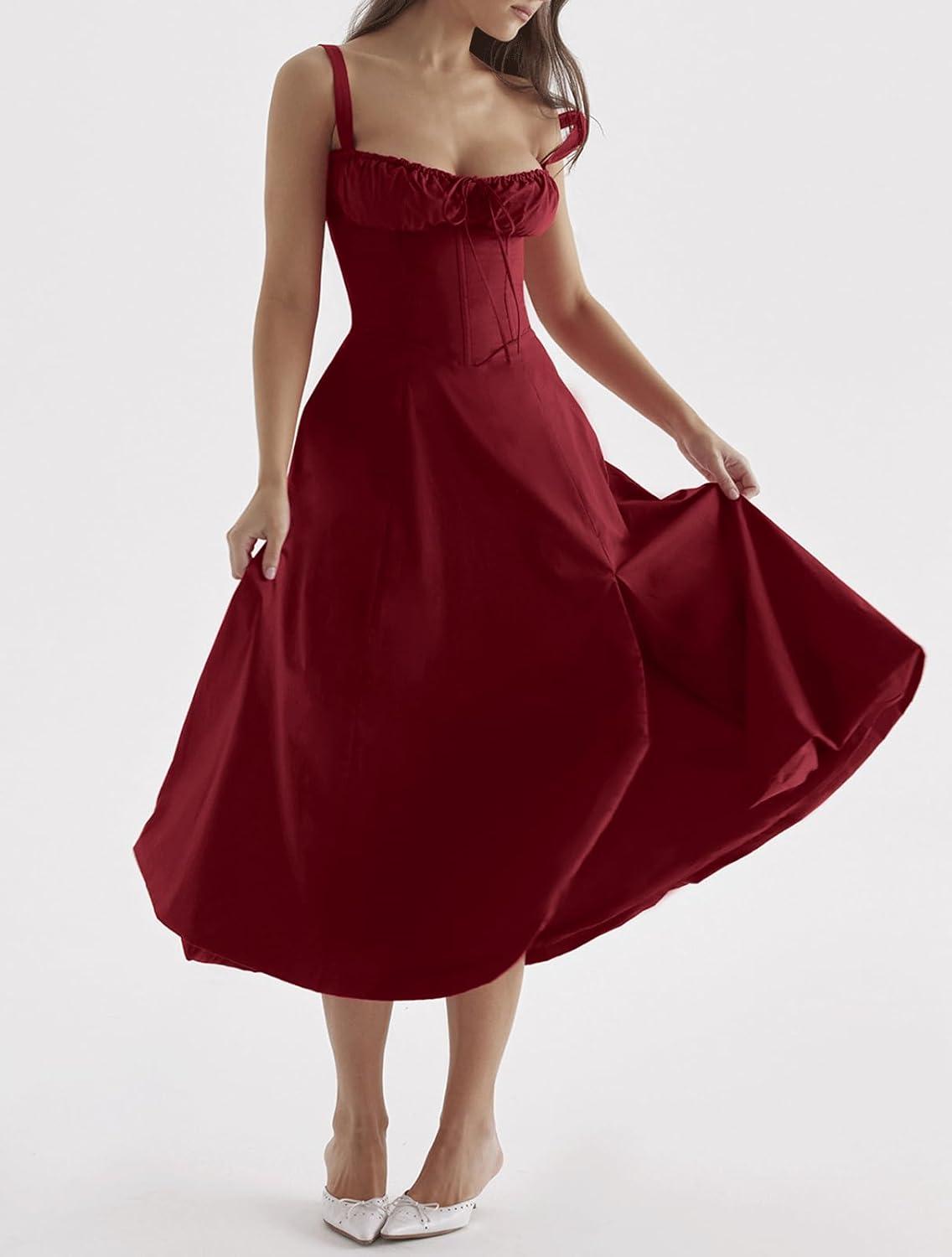 imageCHARTOU Womens Spaghetti Strap Midi Dress Sleeveless Square Neck Dress Floral Split Cottagecore DressRed