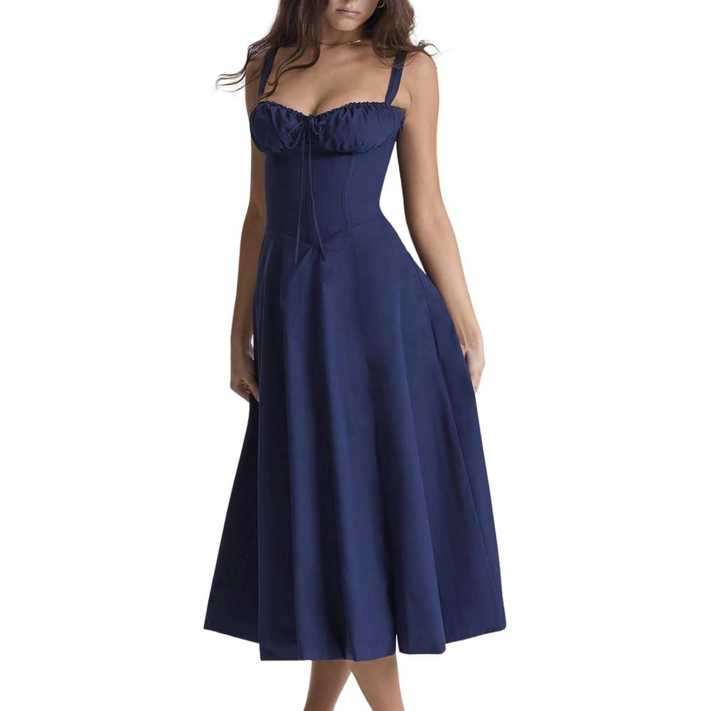 imageCHARTOU Womens Spaghetti Strap Midi Dress Sleeveless Square Neck Dress Floral Split Cottagecore DressBlue