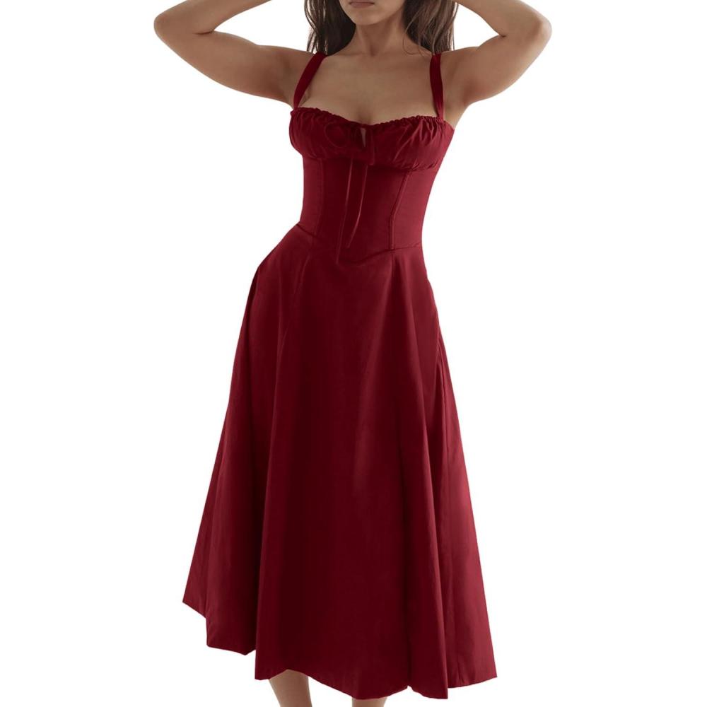 imageCHARTOU Womens Spaghetti Strap Midi Dress Sleeveless Square Neck Dress Floral Split Cottagecore DressRed