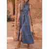 imageCHARTOU Women Summer Sleeveless Tiered Denim Maxi Dress Collared V Neck Button Down Long Dress with BeltBlue