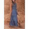 imageCHARTOU Women Summer Sleeveless Tiered Denim Maxi Dress Collared V Neck Button Down Long Dress with BeltBlue
