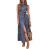 imageCHARTOU Women Summer Sleeveless Tiered Denim Maxi Dress Collared V Neck Button Down Long Dress with BeltBlue